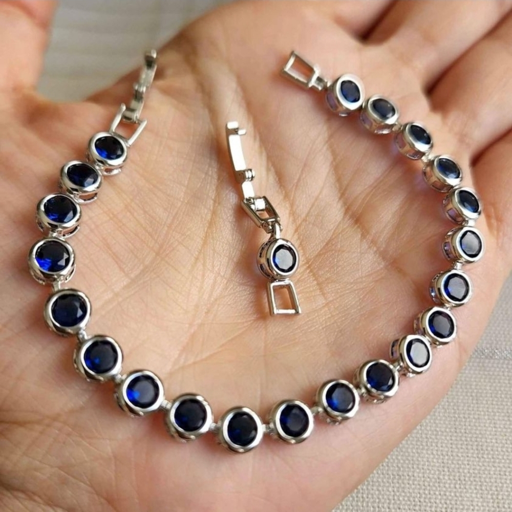 New 925 Silver Round Cut Blue Sapphire Bezel Setting Bracelet for Women